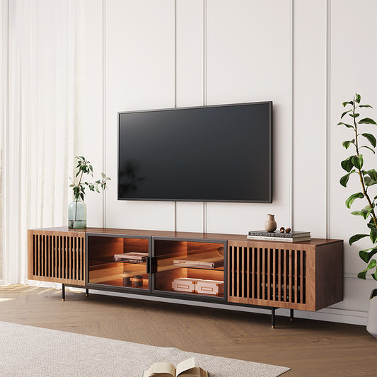 Slatted Media Console with LED Lights, Glass Doors